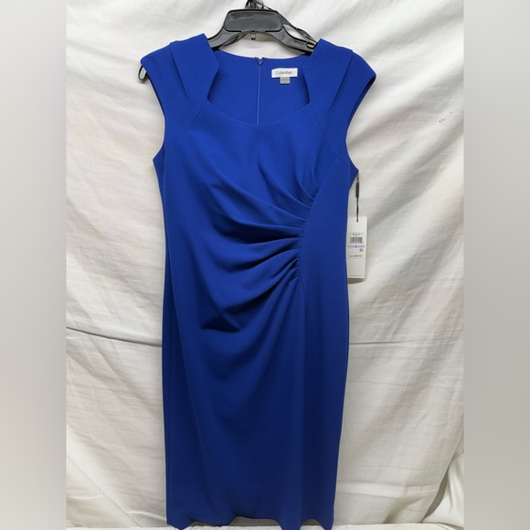NWT Calvin Klein Royal Blue Midi Dress - Flattering Ruched side - Picture 1 of 8